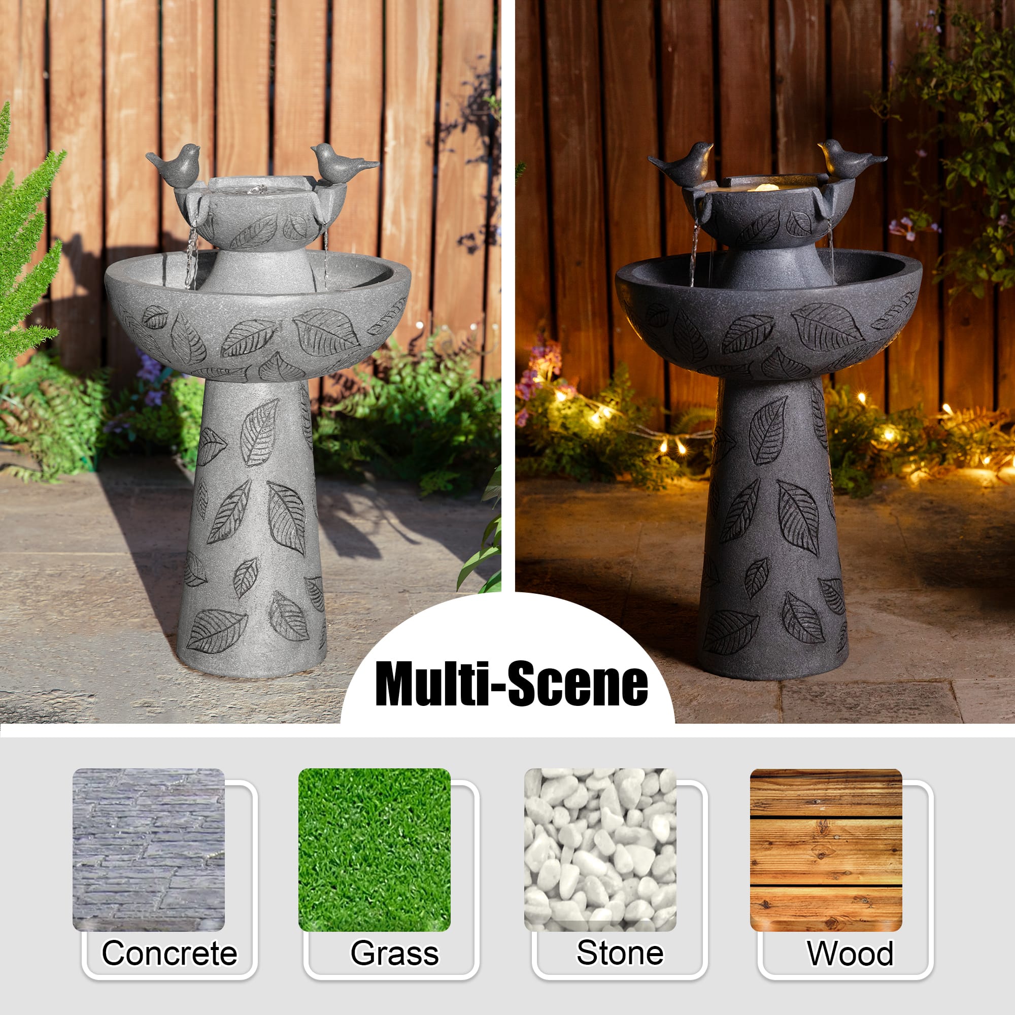 Glitzhome® 26" LED 2-Tier Birdbath Outdoor Fountain with Birds